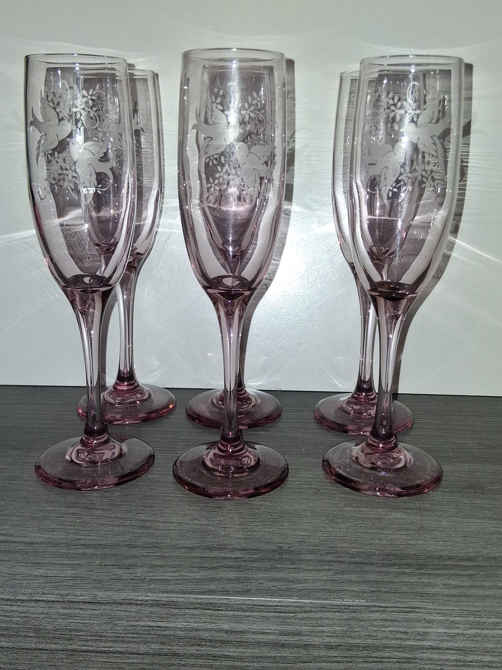 Plum Pink Champagne Flutes Glasses Etched Dove Motif 9 Inches Tall  - Set of 6